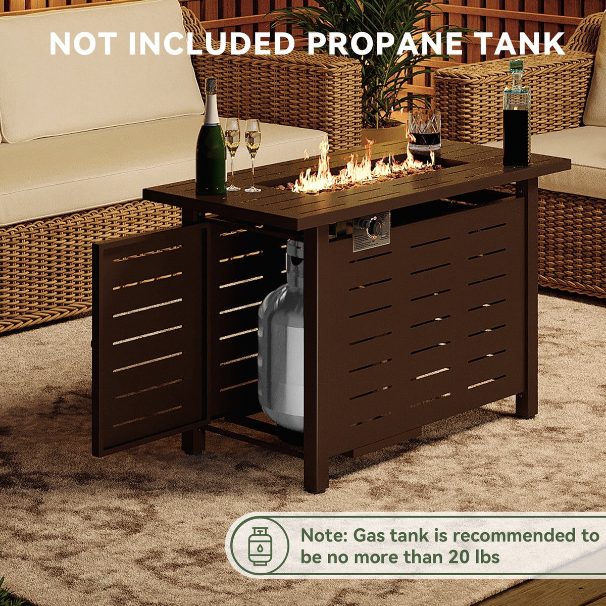 Clouddwell 42" Rectangle Propane Fire Pit Table – 50,000 BTU Outdoor Patio Heater with Removable Lid, Waterproof Cover & Lava Rocks, Brown