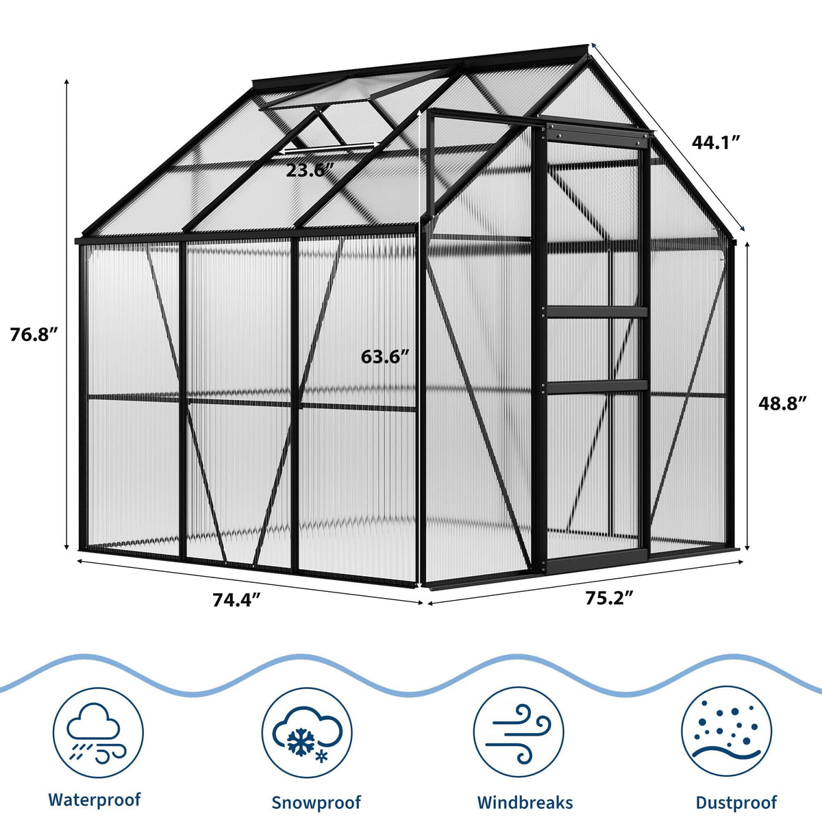 6x6 Ft Walk-In Polycarbonate Greenhouse, Aluminum Frame, Sliding Door, Adjustable Roof Vent and Rain Gutter
