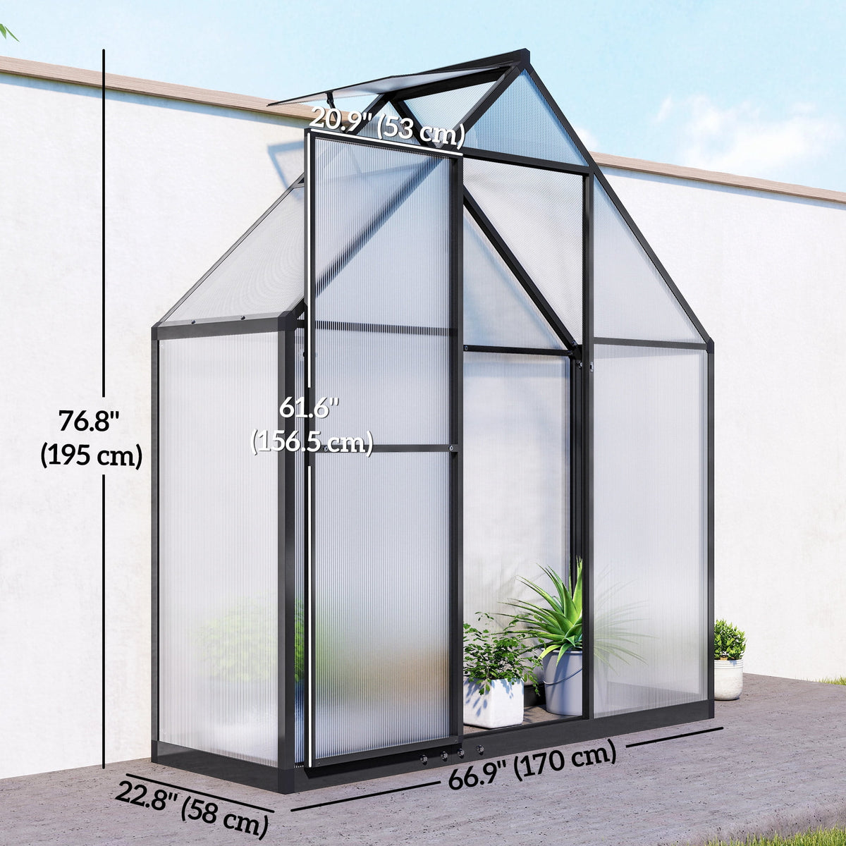 Outsunny Polycarbonate Greenhouse Walk-in Greenhouse with Swing Door, Black
