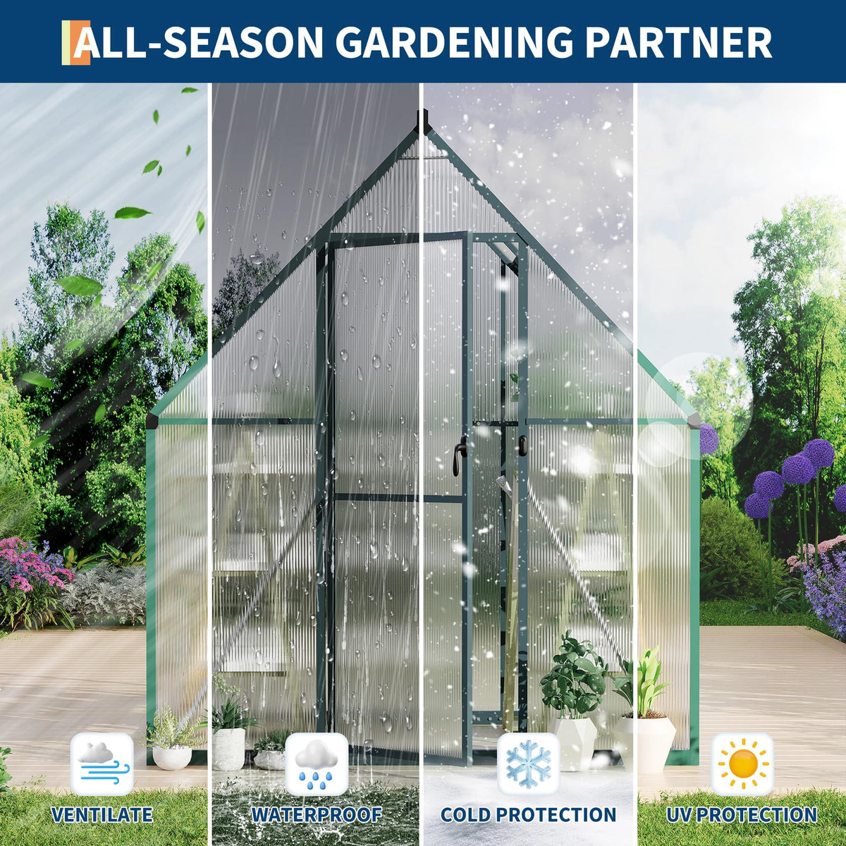6x4 Ft Walk-In Polycarbonate Greenhouse, Aluminum Frame, Double Lockable Doors and Roof Vent, Green