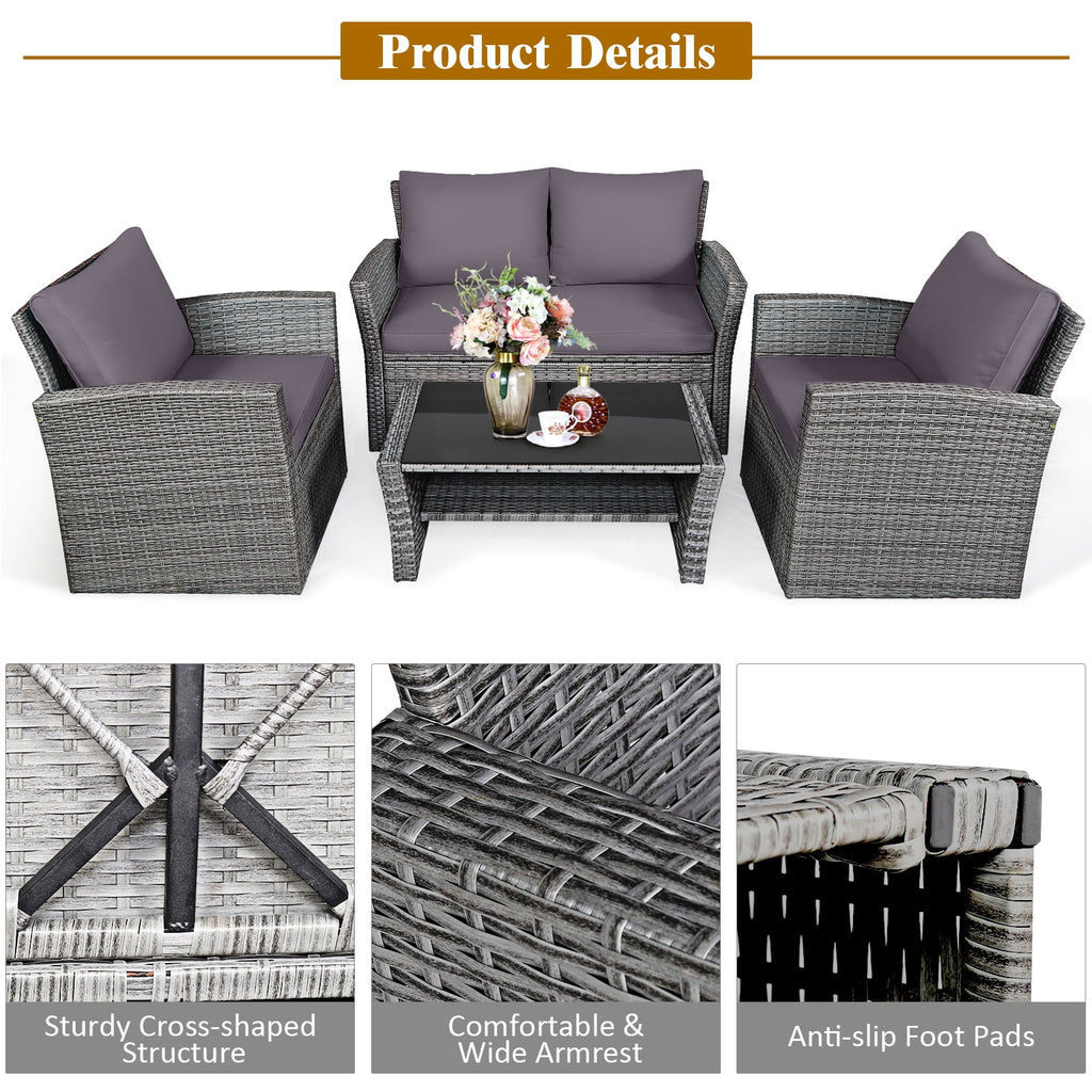 Costway 4PCS Patio Rattan Furniture Set Sofa Table W/Storage Shelf Gray Cushion
