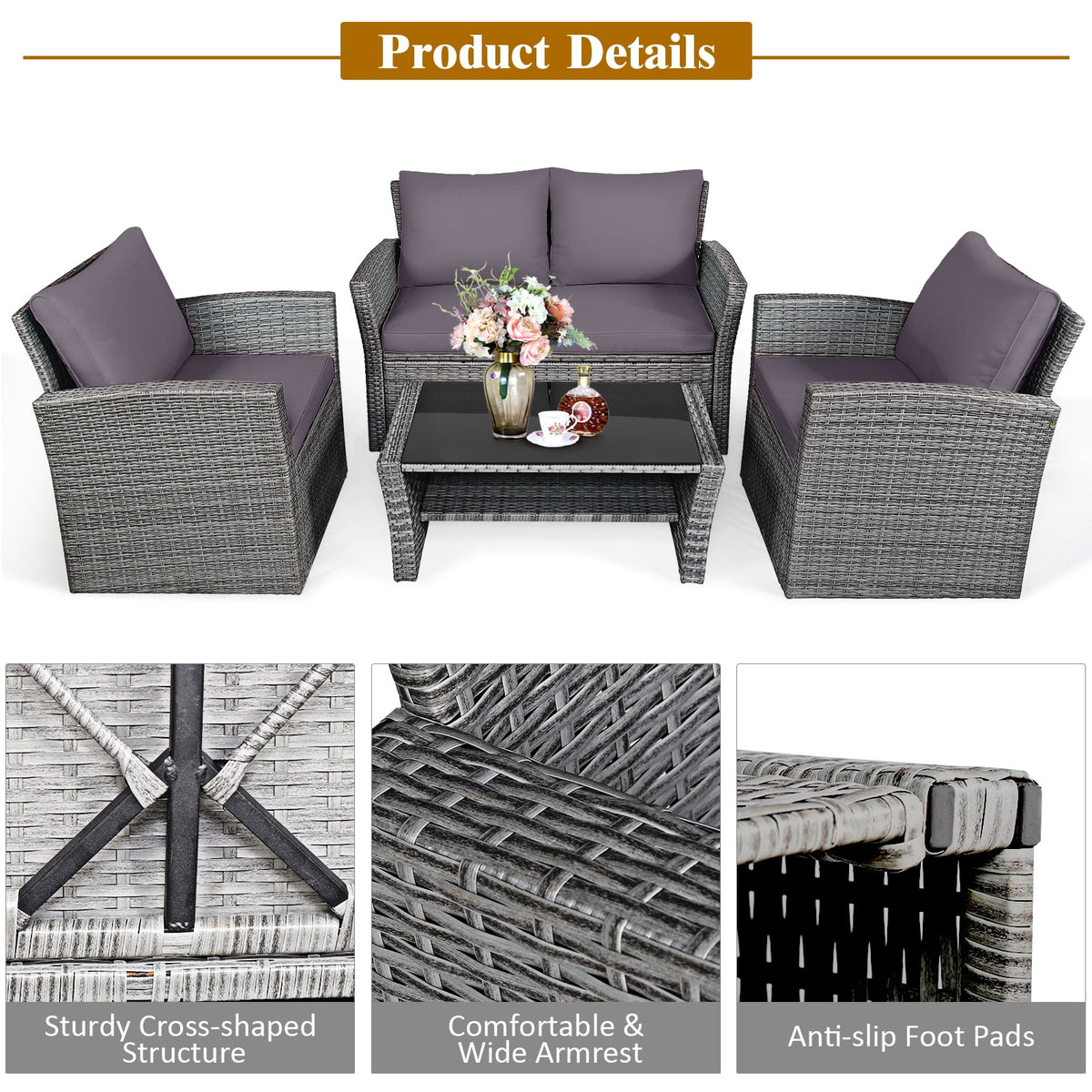 Costway 4PCS Patio Rattan Furniture Set Sofa Table W/Storage Shelf Gray Cushion
