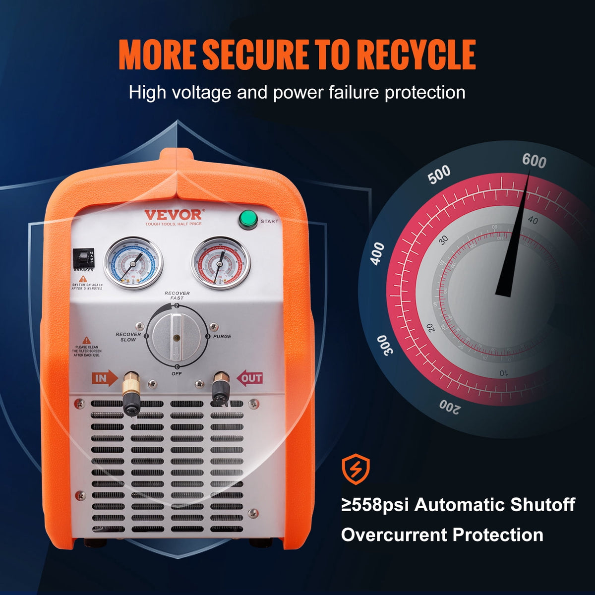 VEVOR 1 HP Dual-Cylinder Refrigerant Recovery Machine, 120V 60Hz, High-Pressure Protection for AC and HVAC