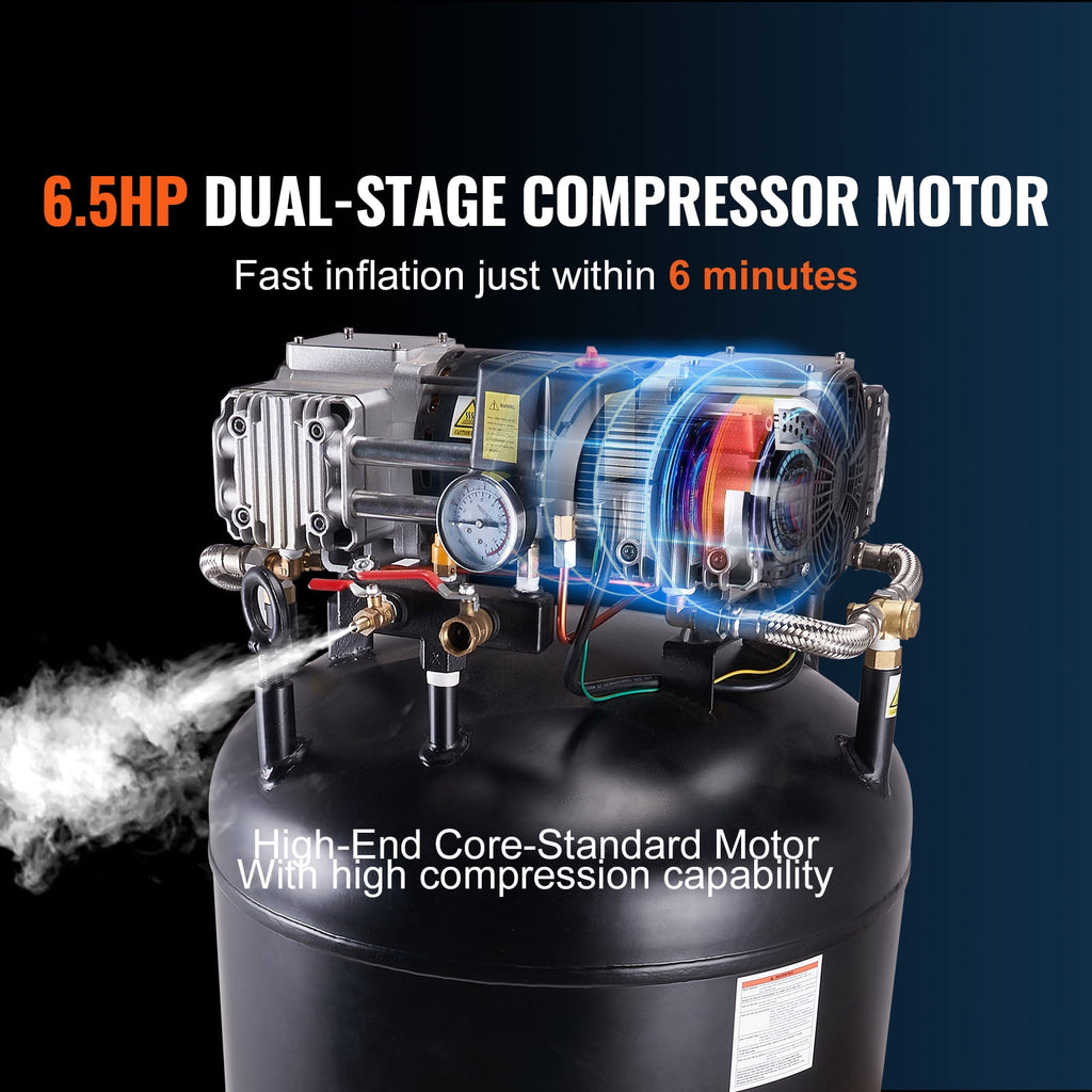 KFFKFF 80-Gallon Air Compressor, 6.5 HP, 15.5 SCFM at 90 PSI, Dual-Stage, 145 PSI, Oil-Free, 86 dB