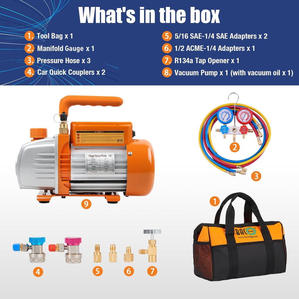 BACOENG 3.6 CFM 1/4 HP AC Vacuum Pump and Manifold Gauge Set, R134a/R12/R22, Can Tap, Quick Couplers and Bag