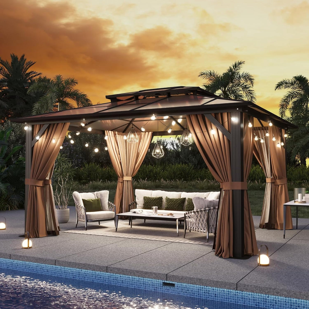 Aoxun 10 ft. x 12 ft. Hardtop Gazebo, Double Polycarbonate Roof Aluminum Frame Gazebo W/Curtain and Netting, Brown