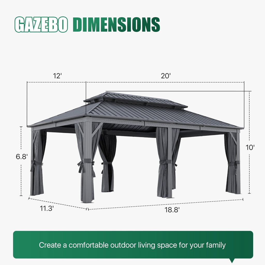 Clouddwell 12' x 20' Gazebo for Patio, Gazebo Pergola with Sloped Roof, Large Wall-Mounted Heavy Duty Awnings, for Deck, Patio and Backyard,Grey
