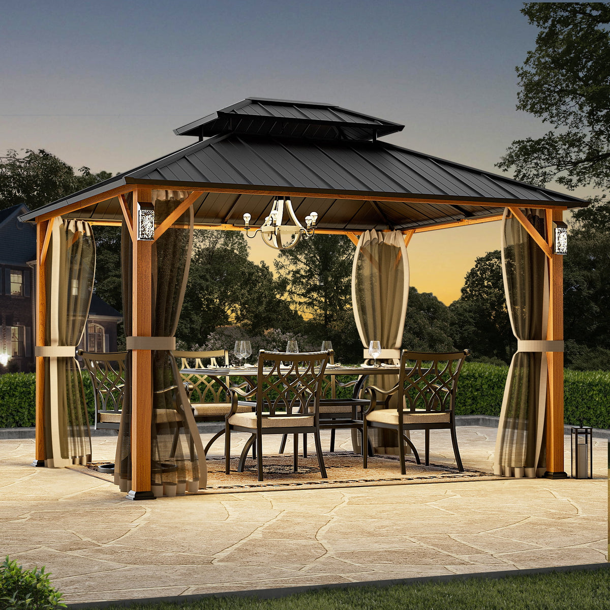 Modern Shade Horizon 10'x12' Hardtop Gazebo, Galvanized Double Steel Roof, 4 LED Lights, Hooks & Mosquito Netting, Wood Grain Finish