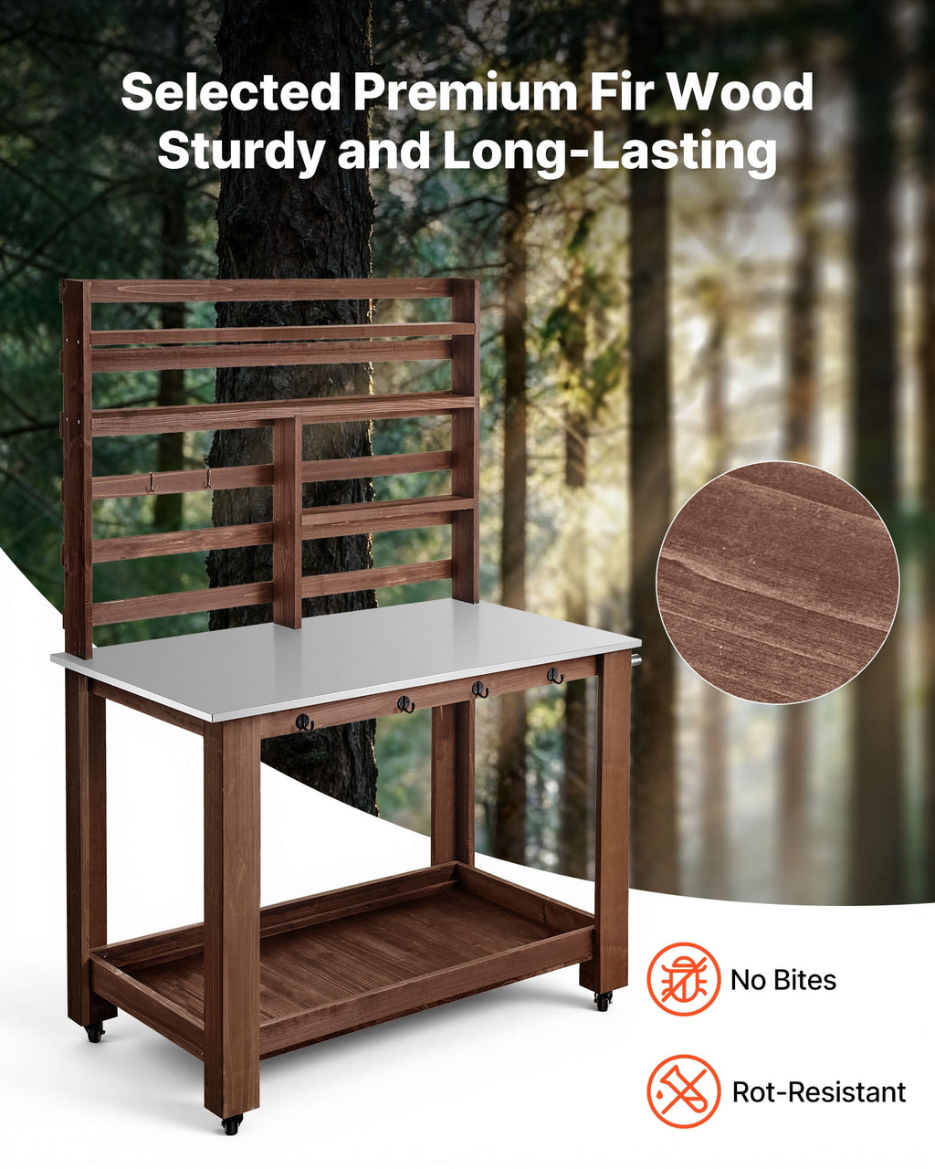 VEVOR Potting Bench, 45x26 Inch Stainless Steel Top, Storage Shelves, Hooks and 4 Casters, Brown