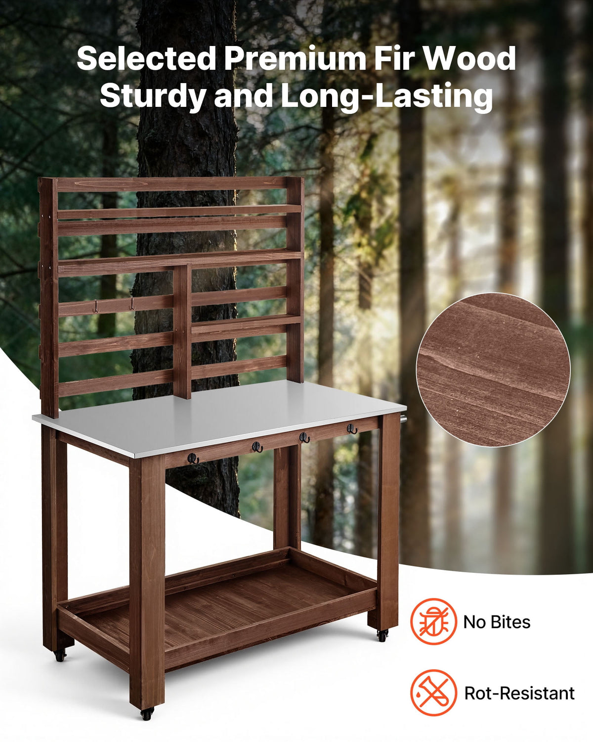 VEVOR Potting Bench, 45x26 Inch Stainless Steel Top, Storage Shelves, Hooks and 4 Casters, Brown