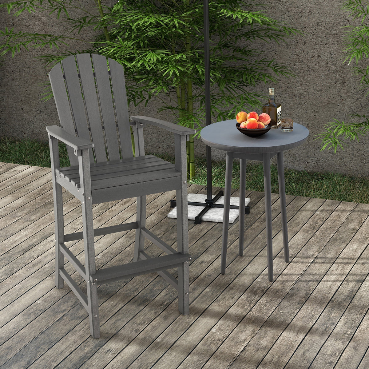Costway Outdoor HDPE Bar Height Stool Patio Tall Chair Armrest Footrest All Weather Grey