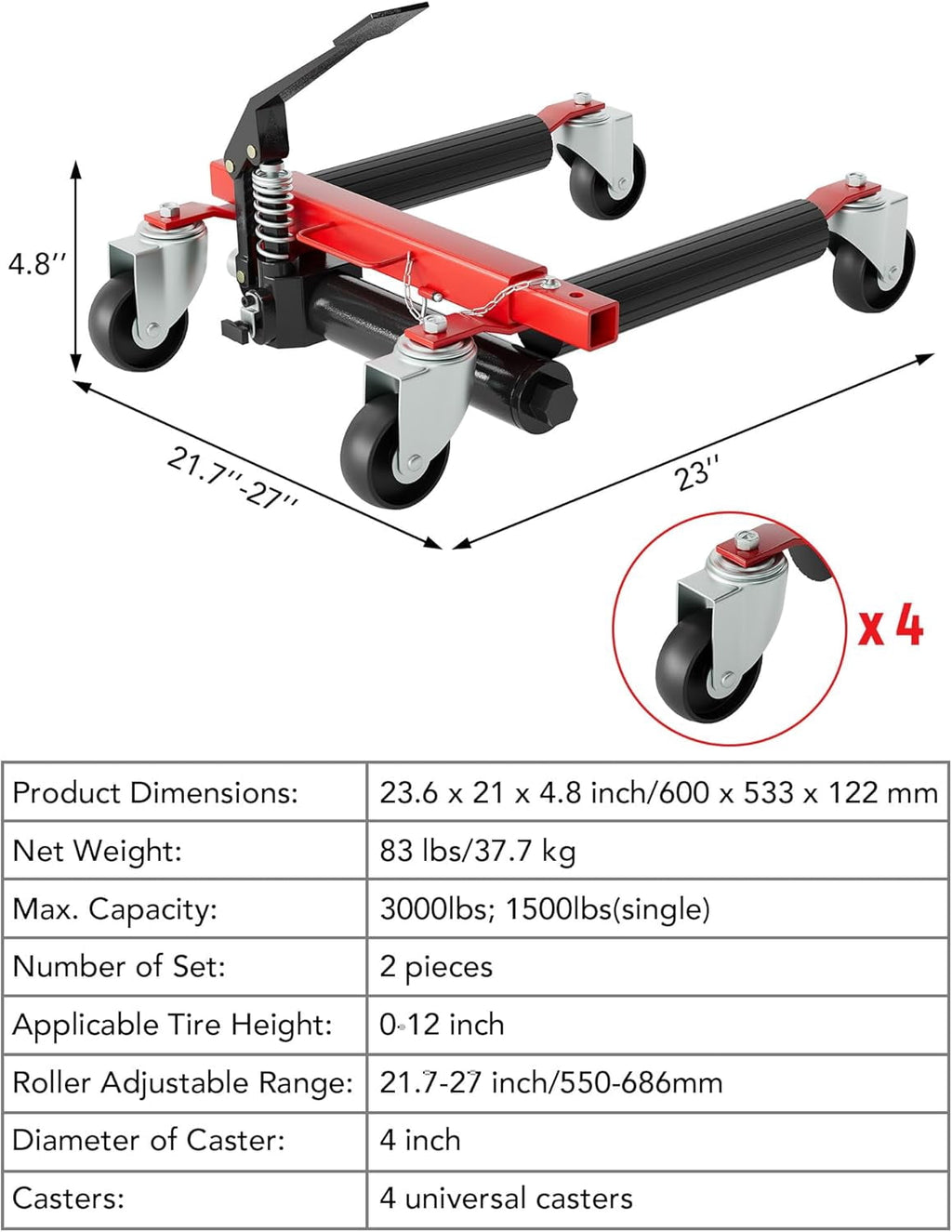 COZONY 2 Pcs Car Dollies with Hydraulic Tire Jack, 12" Wheel Vehicle Positioning Jacks with Foot Pedal for Auto Repair, Tire Moving