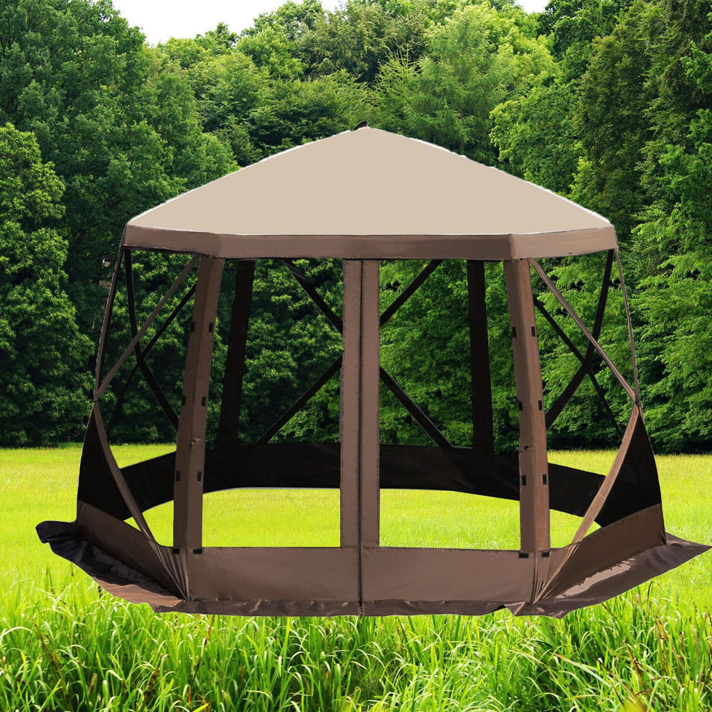 12x12 Ft 6-Sided Pop-Up Canopy Screen Tent, 600D Oxford Fabric, Fiber Poles, Carry Bag, Ropes and Stakes
