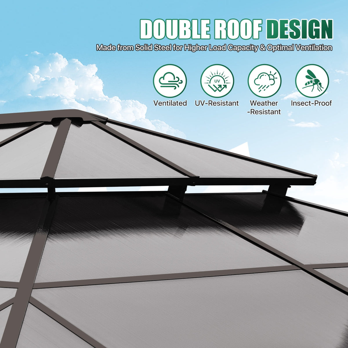 Clouddwell 12'x20' Hardtop Gazebo - Polycarbonate Double Roof with Netting & Curtains for Patio, Garden Sun Protection,Brown
