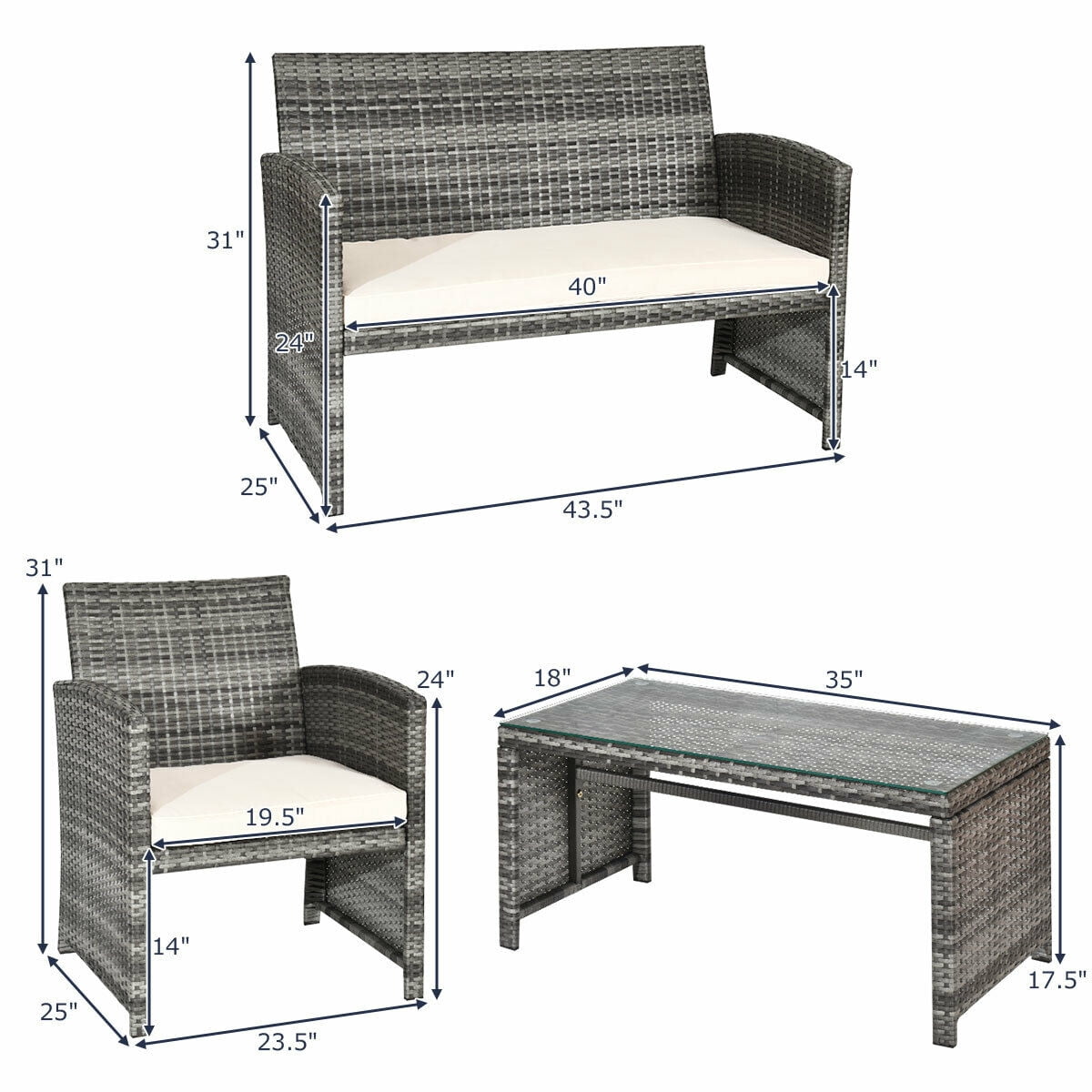 Costway 4pcs Rattan Wicker Patio Furniture Set Garden Lawn Sofa Cushioned Seat Mix