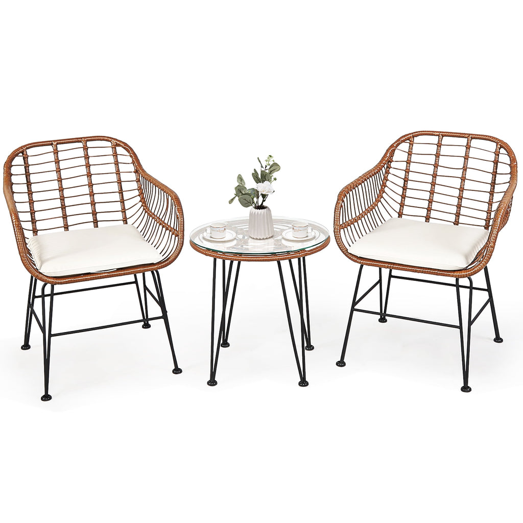 Costway 3PCS Patio Rattan Bistro Set Coffee Table Armchair Garden Beige Cushion