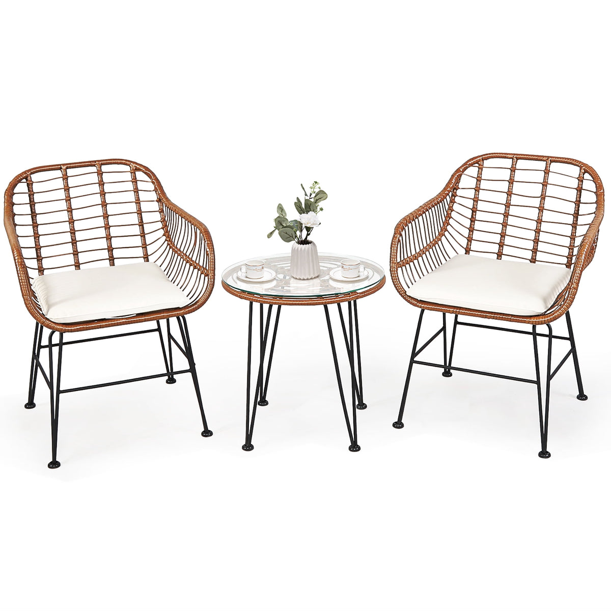 Costway 3PCS Patio Rattan Bistro Set Coffee Table Armchair Garden Beige Cushion