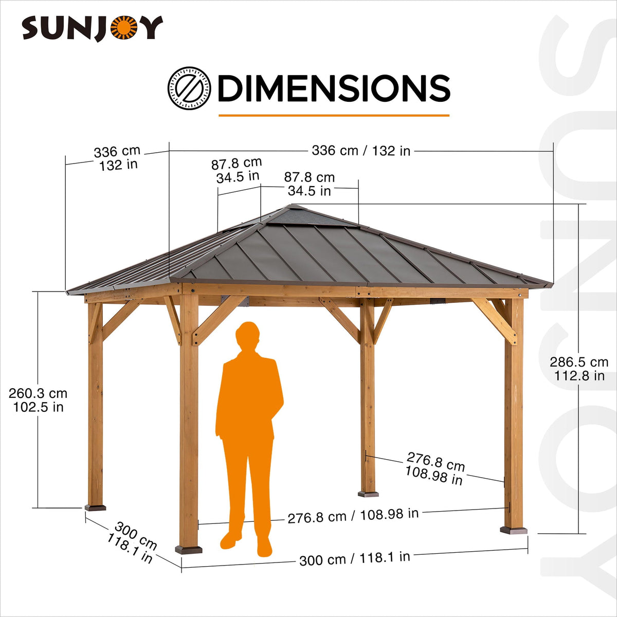 Sunjoy 11 ft. x 11 ft. Cedar Framed Gazebo with Brown Steel and Polycarbonate Hip Roof Hard Top