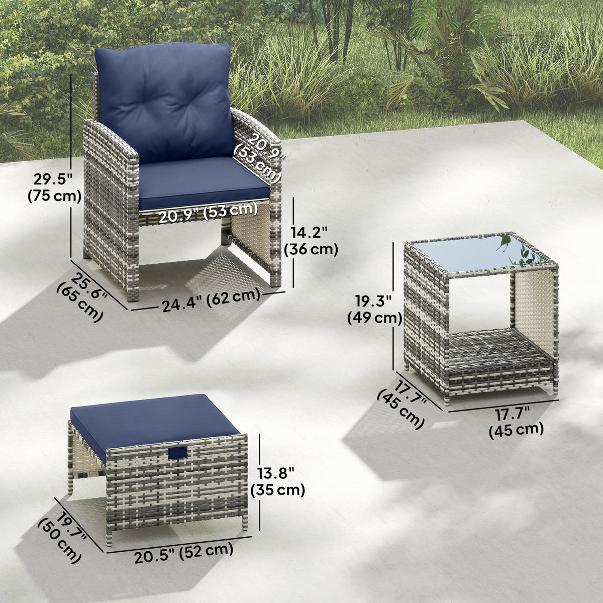 Outsunny 5 Piece Patio Furniture Set with Ottomans Cushions, Grey/Dark Blue