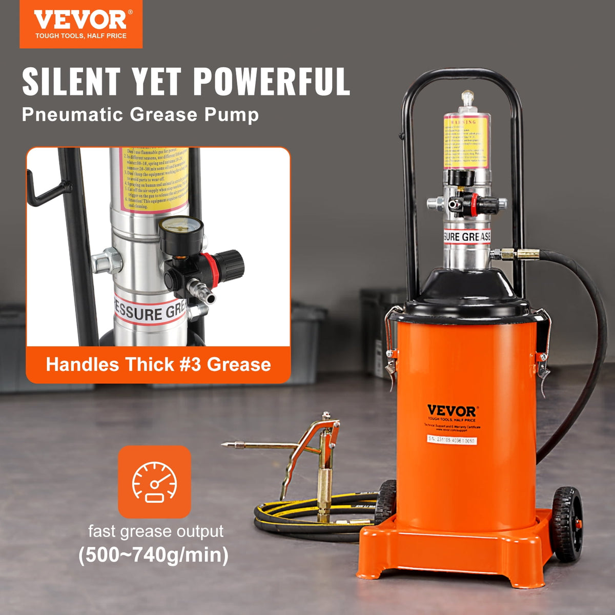 VEVOR 3-Gallon/12L Air-Operated Grease Pump, 50:1 Pressure Ratio, 13 ft Hose, Grease Gun and Wheels