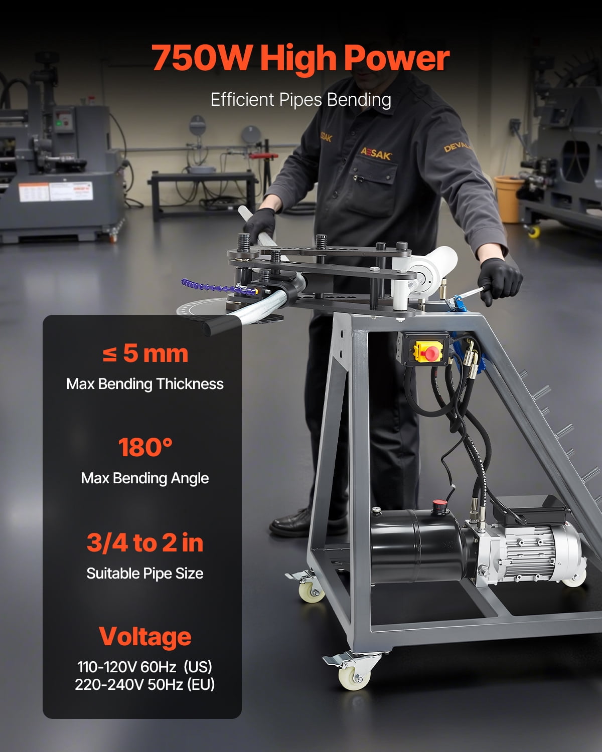 VEVOR Electric Tube Bending Machine 750W Pipe Tubing Bender with 6L Hydraulic Cylinder