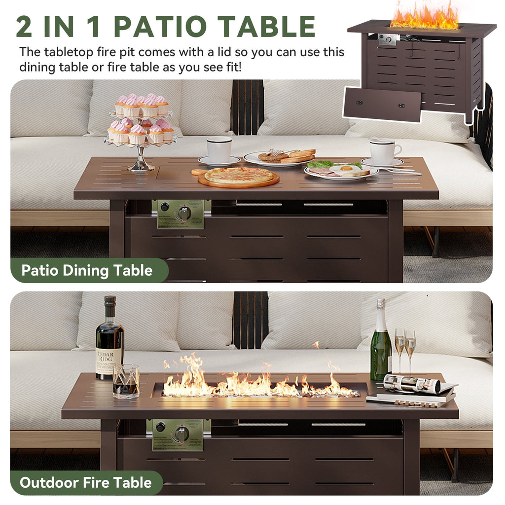 Clouddwell 42" Rectangle Propane Fire Pit Table – 50,000 BTU Outdoor Patio Heater with Removable Lid, Waterproof Cover & Lava Rocks, Brown