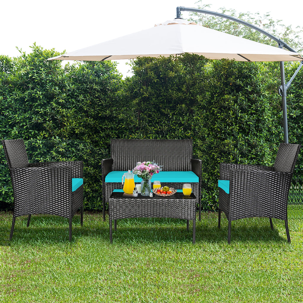 Costway 8PCS Patio Rattan Furniture Set Cushioned Sofa Coffee Table Backyard Turquoise