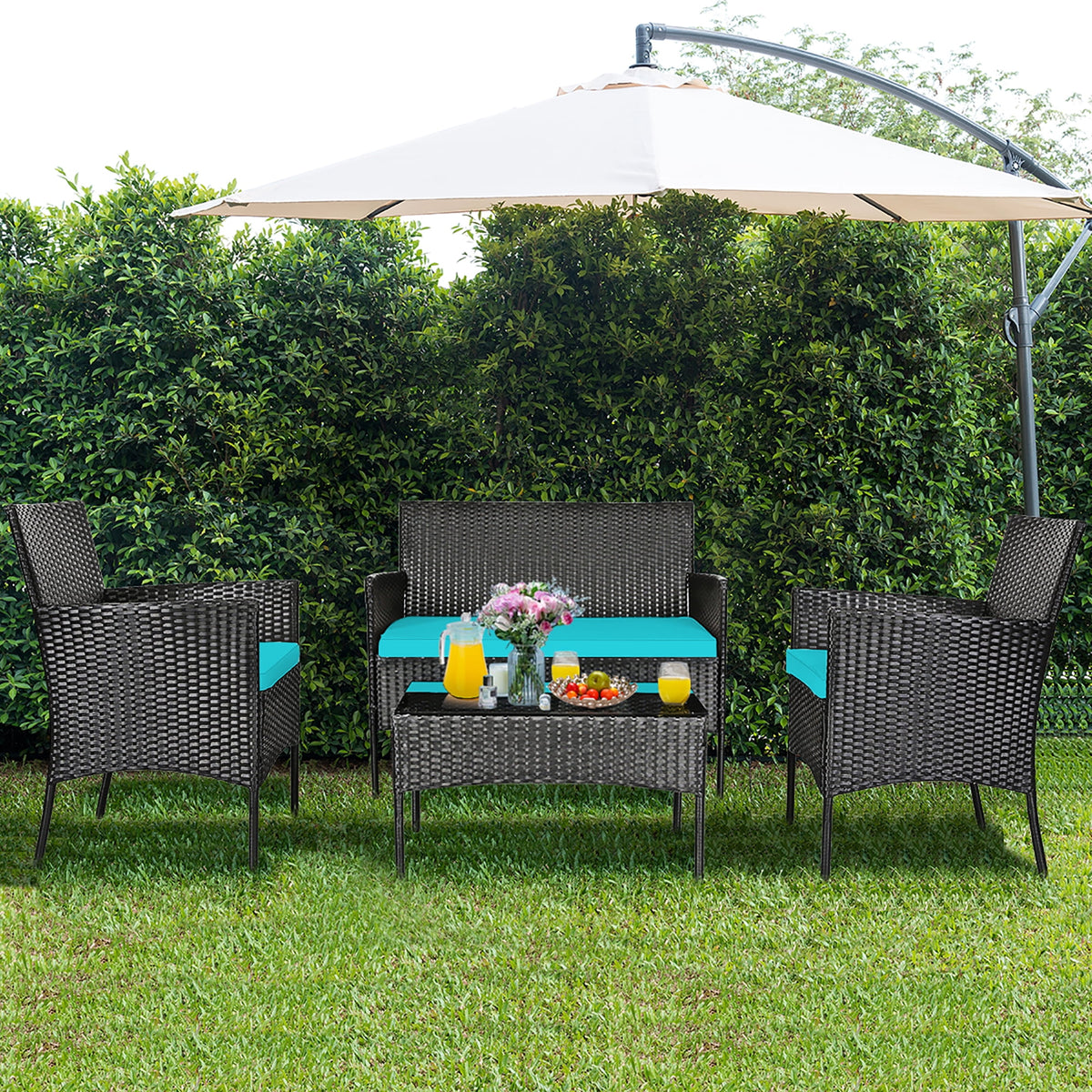 Costway 8PCS Patio Rattan Furniture Set Cushioned Sofa Coffee Table Backyard Turquoise