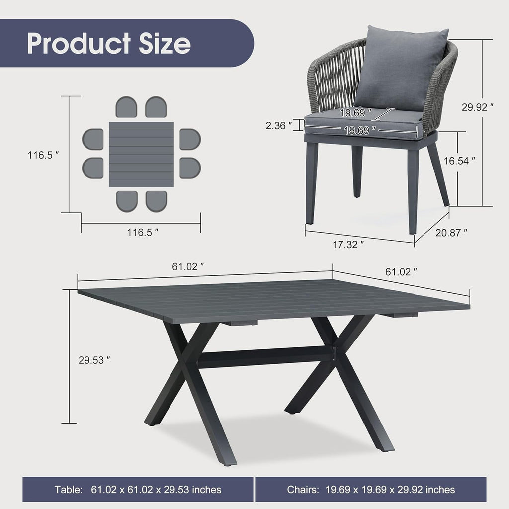 PURPLE LEAF 11 Pieces Patio Dining Set, Rectangular Aluminum Outdoor Table and 10 Wicker Chairs with Cushions for Garden Kitchen and Porch, Grey