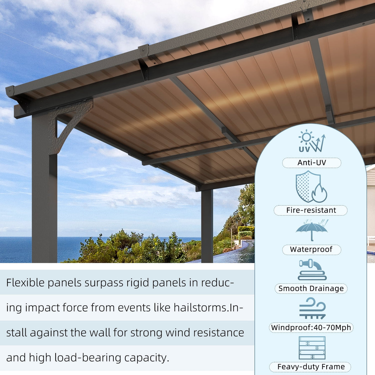 AECOJOY 10 x 8 Ft Wall-Mounted Hardtop Gazebo, Polycarbonate Roof & Metal Frame, Dark Grey