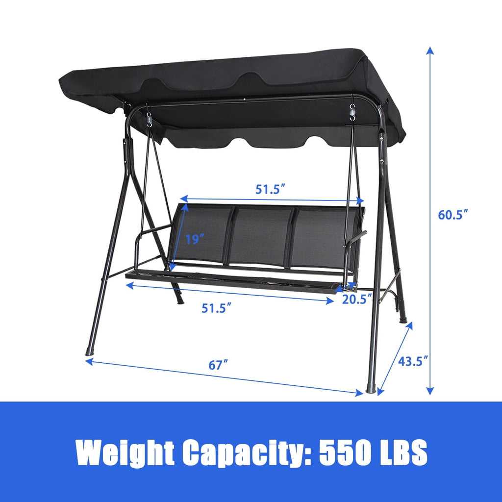 Costway Outdoor Patio Swing Canopy 3 Person Canopy Swing Chair Patio Hammock Black