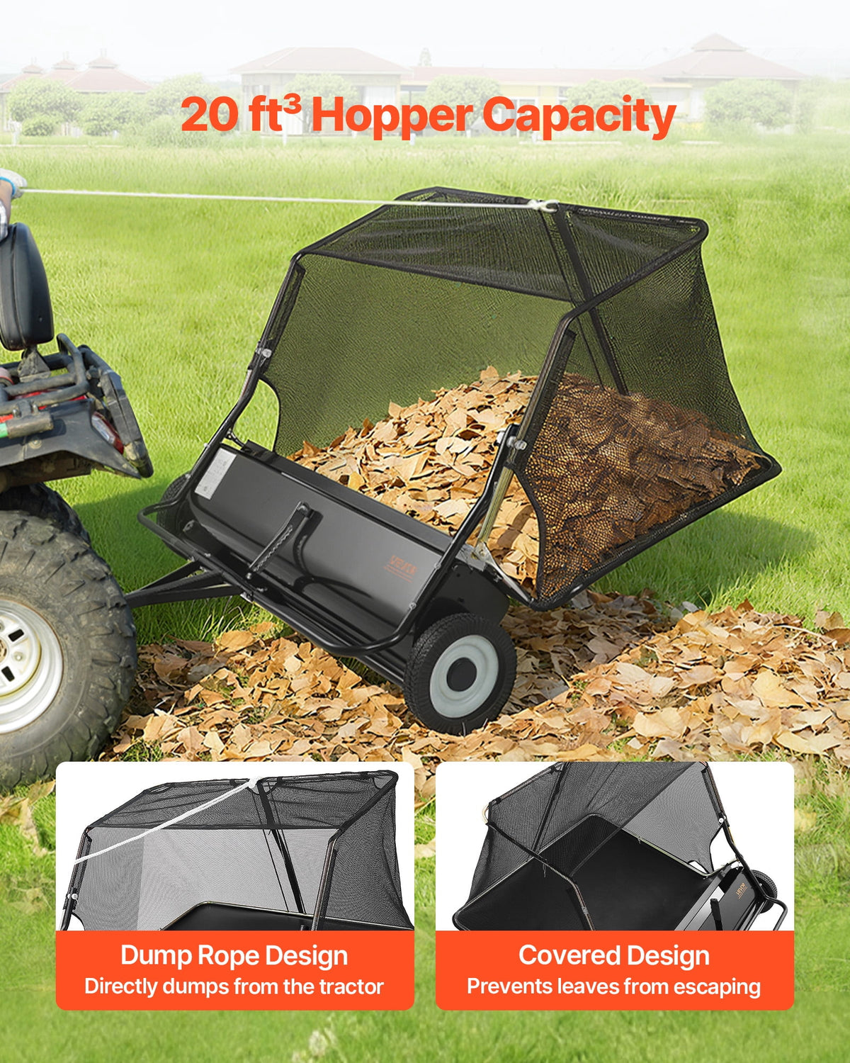 VEVOR 48-Inch Tow-Behind Lawn Sweeper, 26 cu ft Hopper, Adjustable Sweeping Height and Dumping Rope