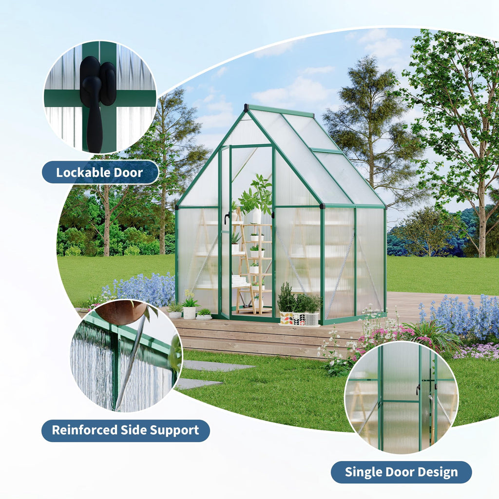 6x4 Ft Walk-In Polycarbonate Greenhouse, Aluminum Frame, Double Lockable Doors and Roof Vent, Green