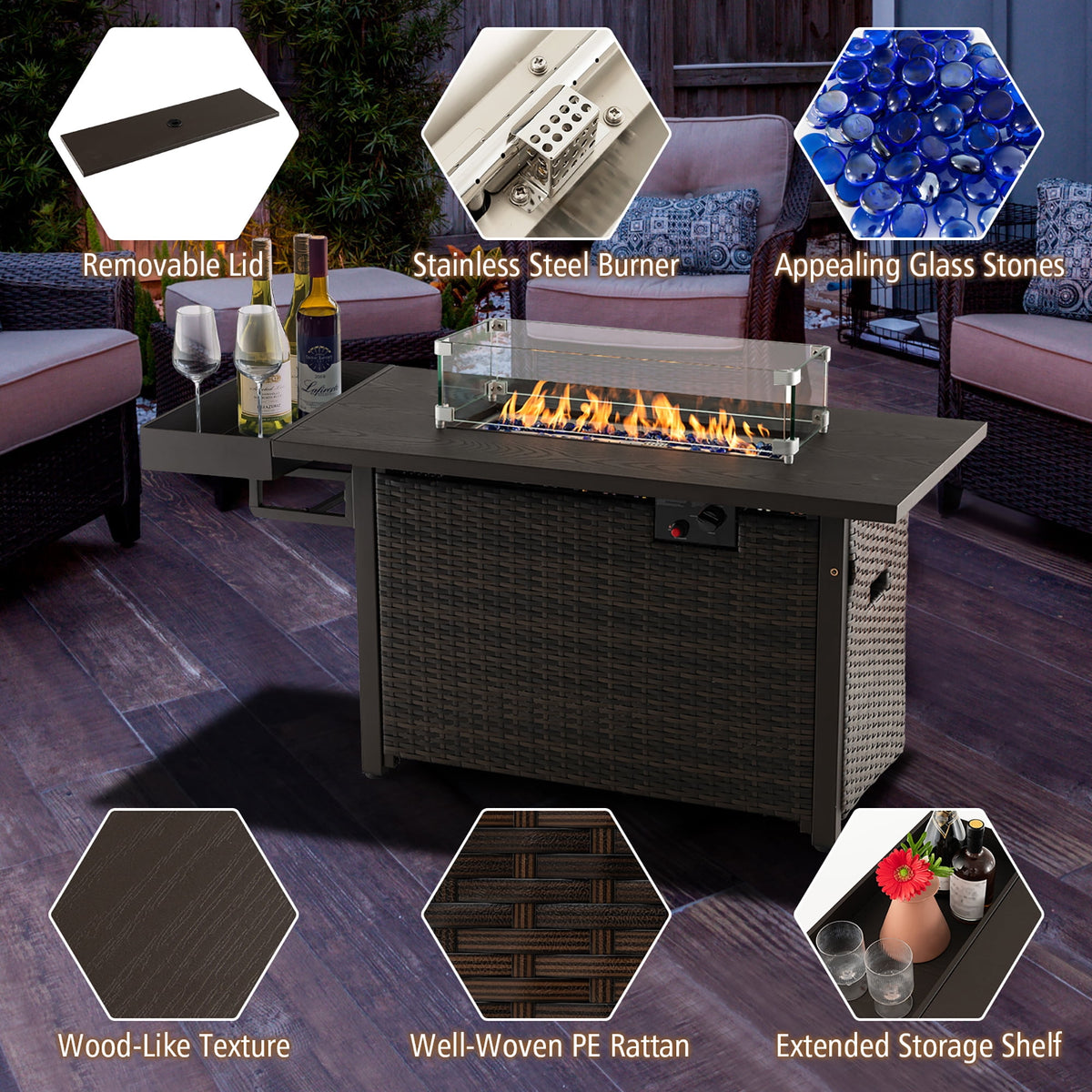 Gymax Propane Gas Fire Pit Table 52 Inch Propane Fire Pit w/ Wind Guard 50,000 BTU Heat Output Brown