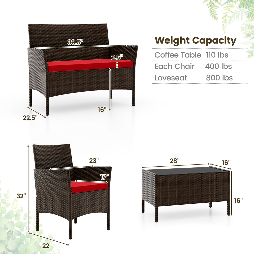 Costway 8PCS Patio Rattan Furniture Set Cushioned Sofa Coffee Table Backyard Porch Red