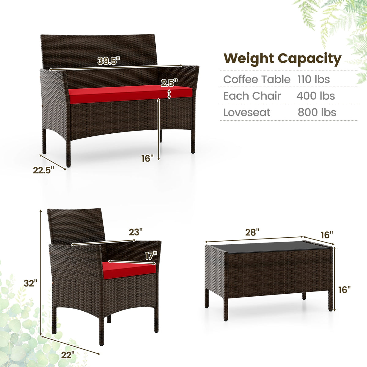 Costway 8PCS Patio Rattan Furniture Set Cushioned Sofa Coffee Table Backyard Porch Red