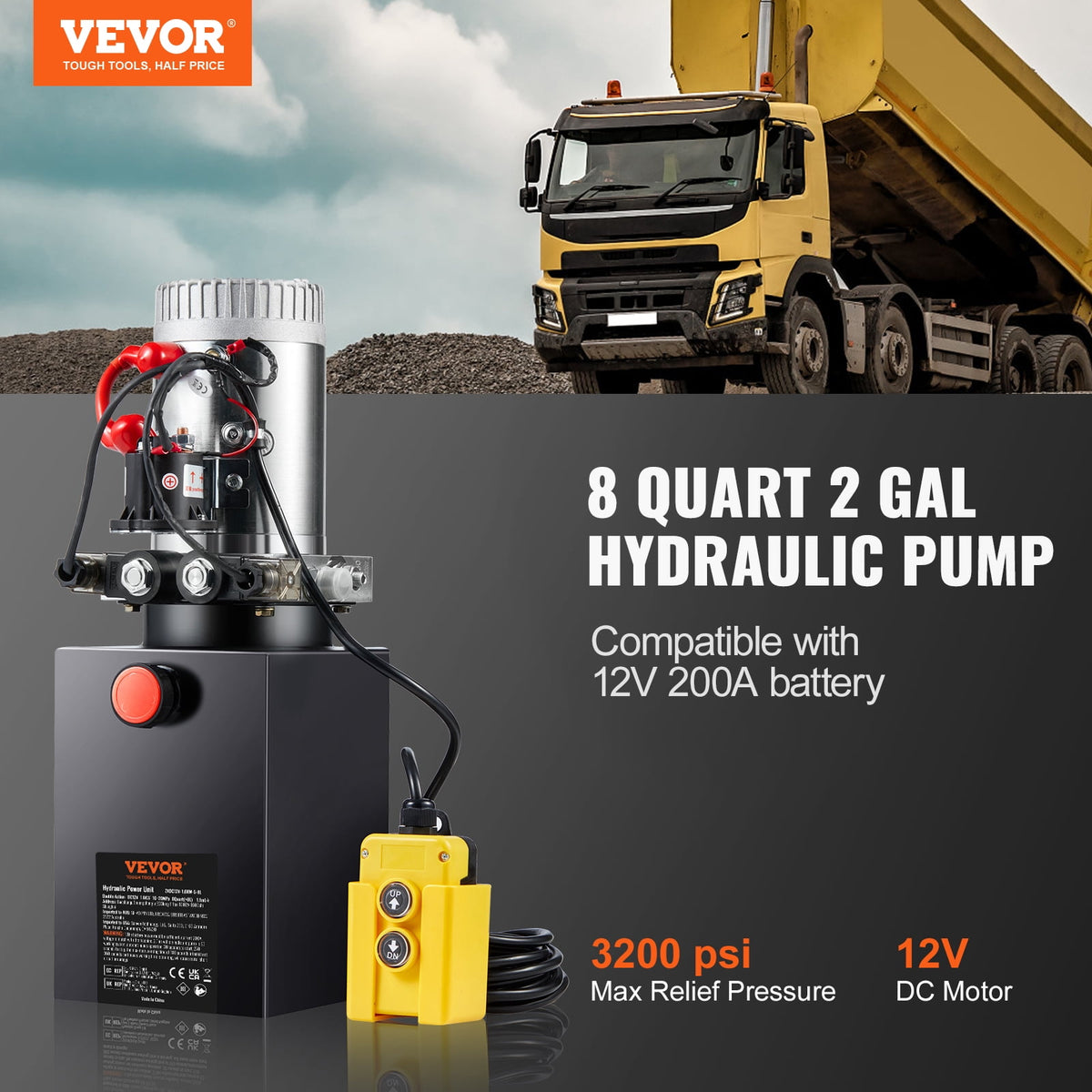 VEVOR 8-Quart Double-Acting Hydraulic Pump, DC 12V, 0.91 GPM, 3200 PSI Max, for Dump Trailers and Car Lifts