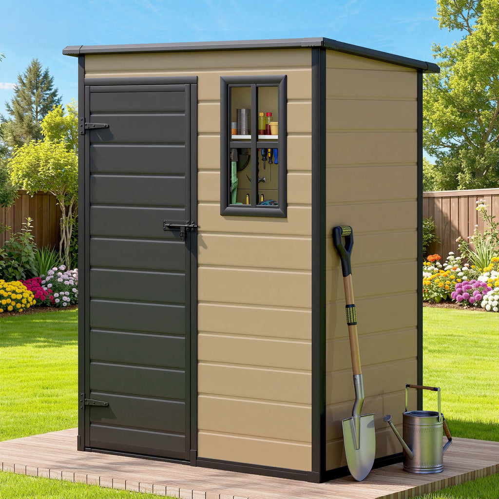 DEXTRUS 5x3ft Resin Outdoor Shed with Window & Lockable Outside, Weatherproof Garden Storage & Patio Furniture, Brown