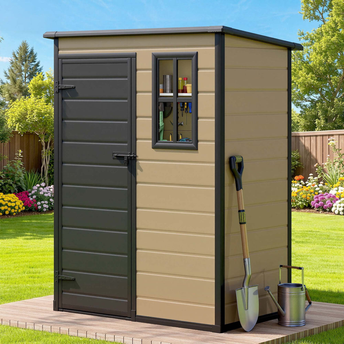 DEXTRUS 5x3ft Resin Outdoor Shed with Window & Lockable Outside, Weatherproof Garden Storage & Patio Furniture, Brown