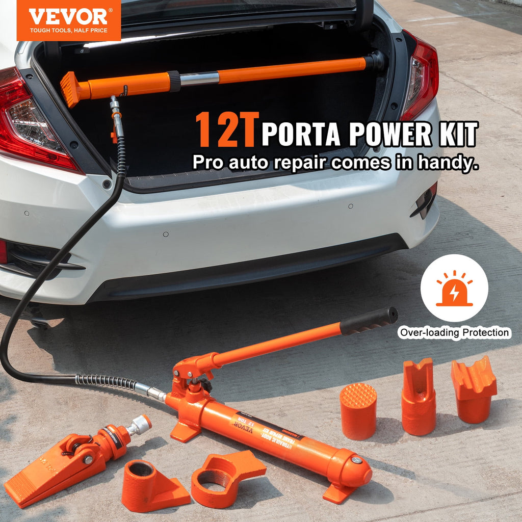 VEVOR 12-Ton Porta Power Hydraulic Ram Kit, Pump, 4.6 ft Oil Hose and Storage Case for Automotive and Farm Repairs