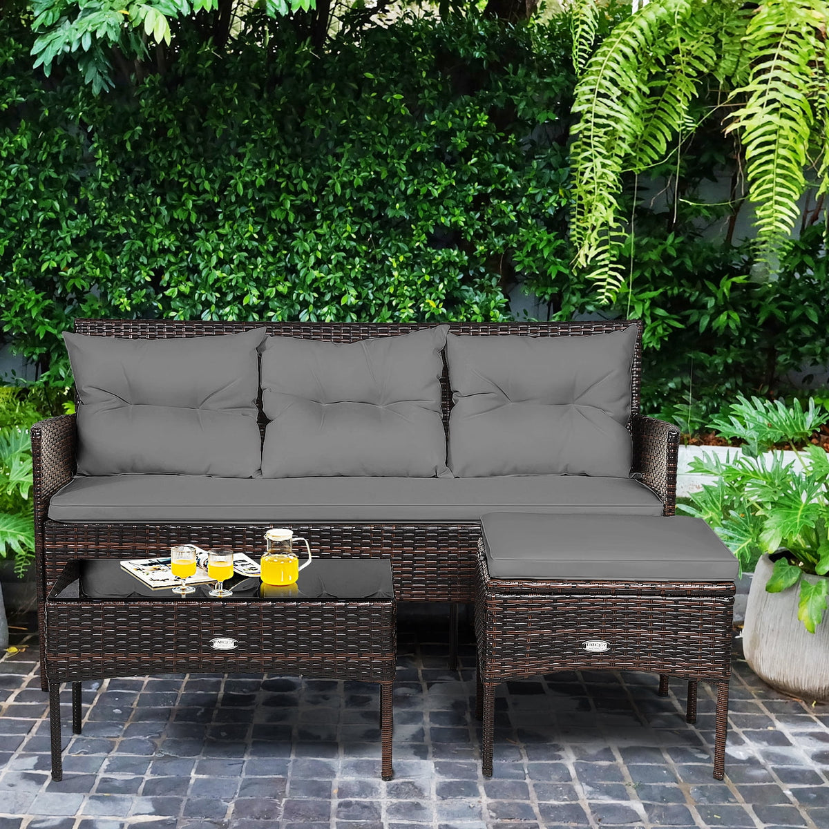 Patiojoy 3 PCS Patio Furniture Set Outdoor All Weather Wicker Conversation Set w/Cushioned Ottoman & Side Table Gray