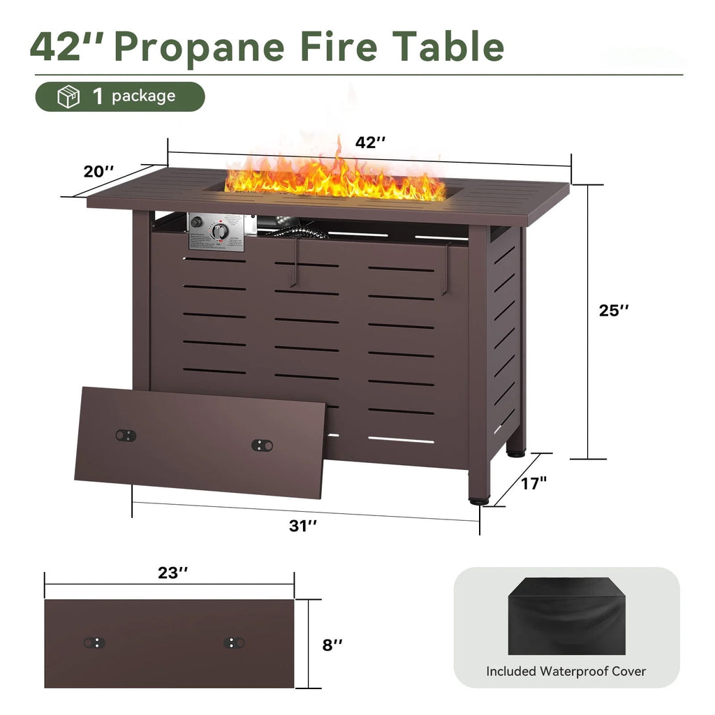 Clouddwell 42" Rectangle Propane Fire Pit Table – 50,000 BTU Outdoor Patio Heater with Removable Lid, Waterproof Cover & Lava Rocks, Brown
