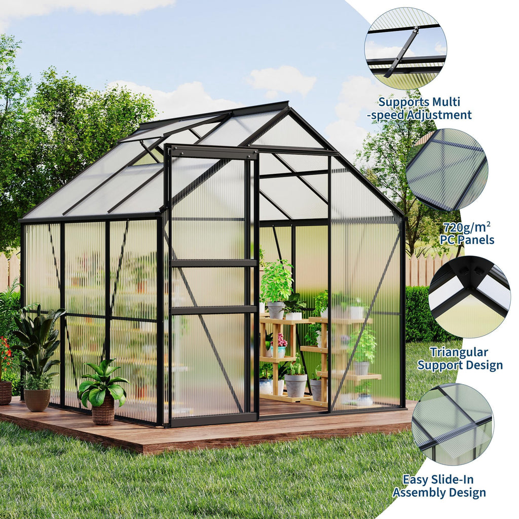 6x6 Ft Walk-In Polycarbonate Greenhouse, Aluminum Frame, Sliding Door, Adjustable Roof Vent and Rain Gutter