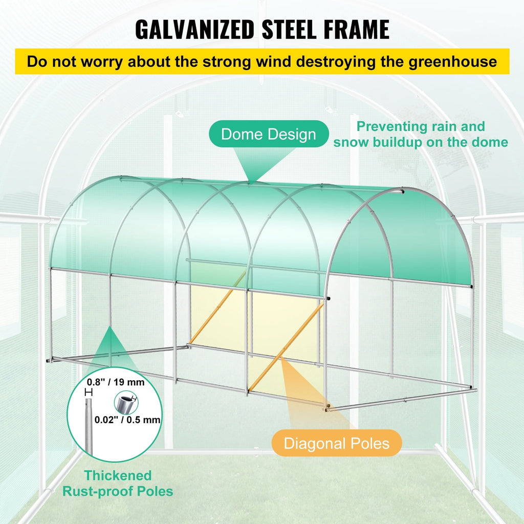 KFFKFF 15x6.5x7 Ft Walk-In Tunnel Greenhouse, Galvanized Steel Frame, Zipper Door and 8 Roll-Up Windows, White