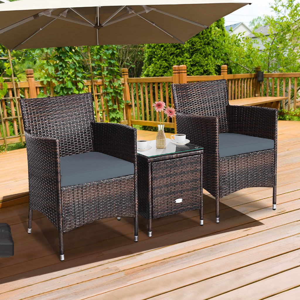 Patiojoy 3-Piece Patio Wicker Rattan Furniture Set Conversation Sofa Set W/Coffee Table Grey