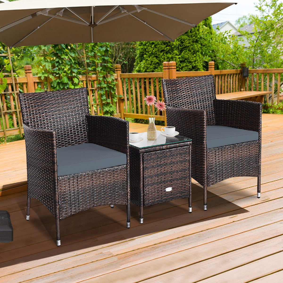 Patiojoy 3-Piece Patio Wicker Rattan Furniture Set Conversation Sofa Set W/Coffee Table Grey