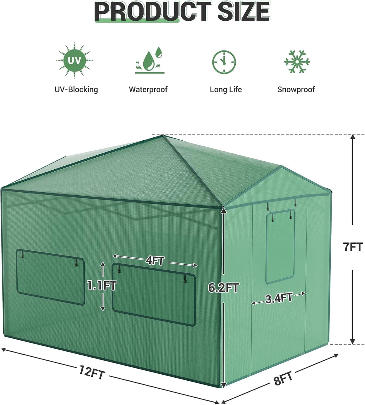 Garvee Outdoor pop up Walk-in Greenhouse 8’x 12’, for Garden Patio Backyard, Green