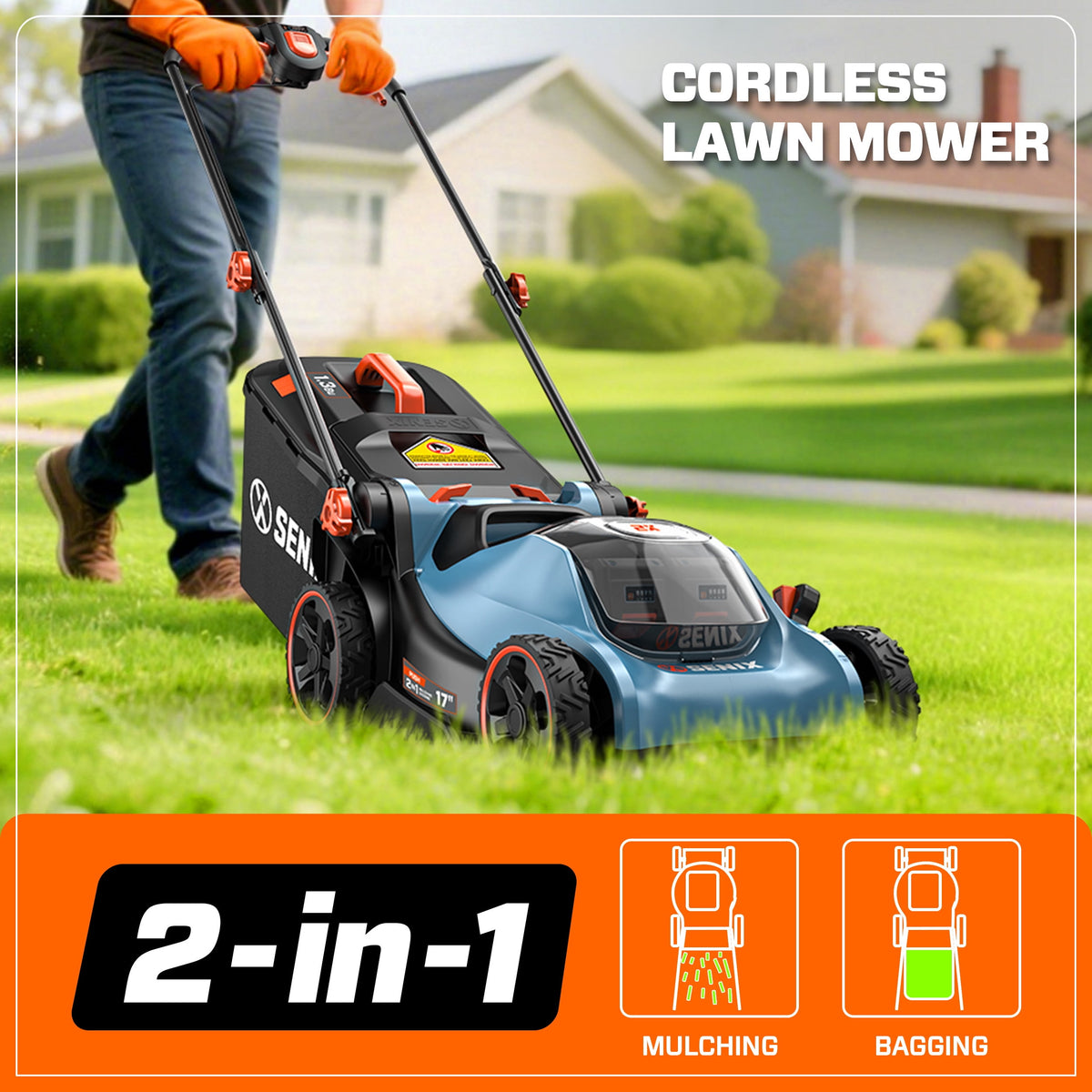 SENIX LPPX2-M5 17" 40V Battery Powered Push Walk-Behind Lawn Mower, Mulching and Bagging, 6-Position Height Adjustment, Brushless Motor, Cordless
