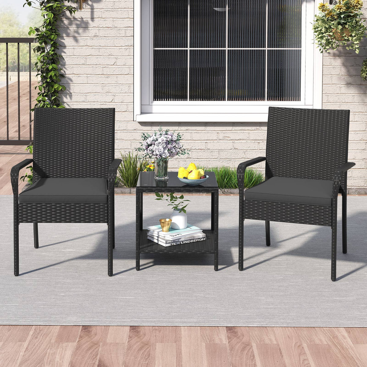 Gymax 3 Piece Patio Furniture Set Outdoor Wicker Chair & Table Set w/ Seat Cushions Black