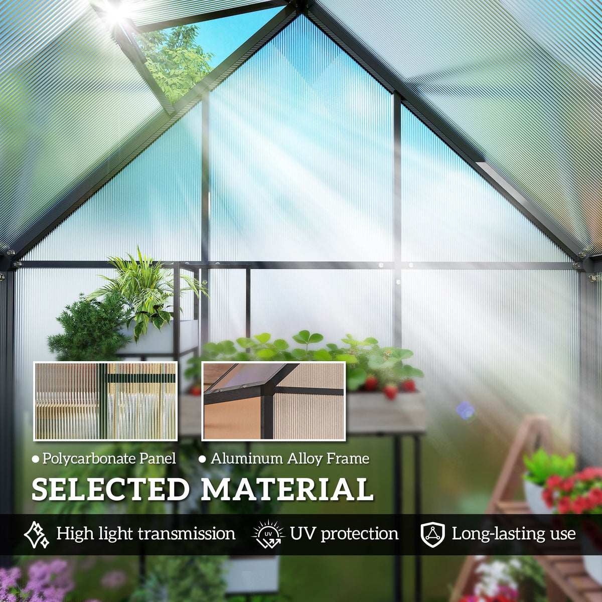 Outsunny Polycarbonate Greenhouse Walk-in Greenhouse with Swing Door, Black
